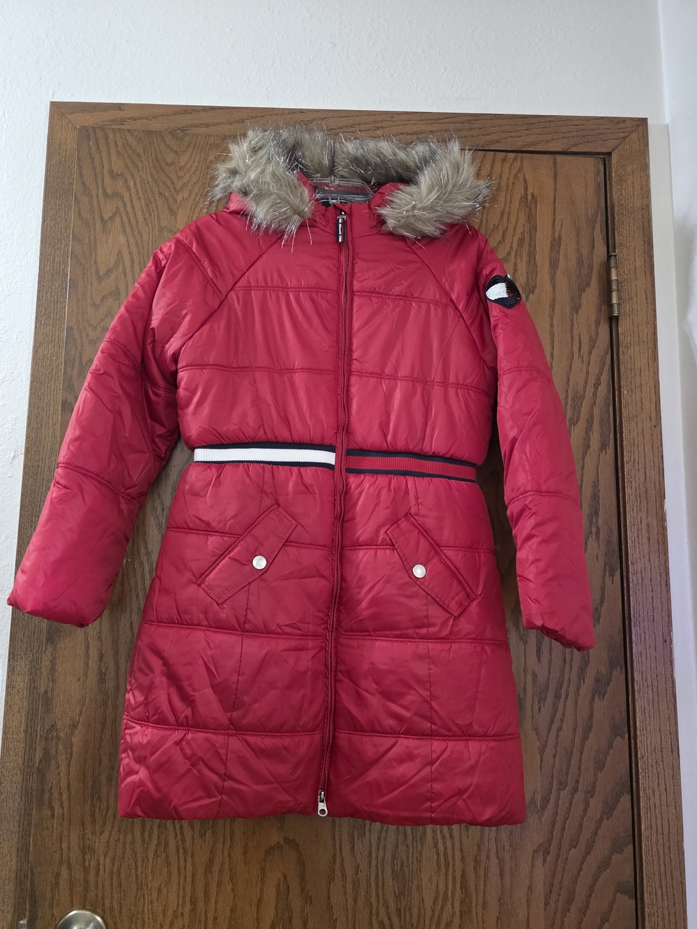 Tommy Hilfiger Girls' Red Faux-Fur Hooded Puffer Coat Size 16(XL)